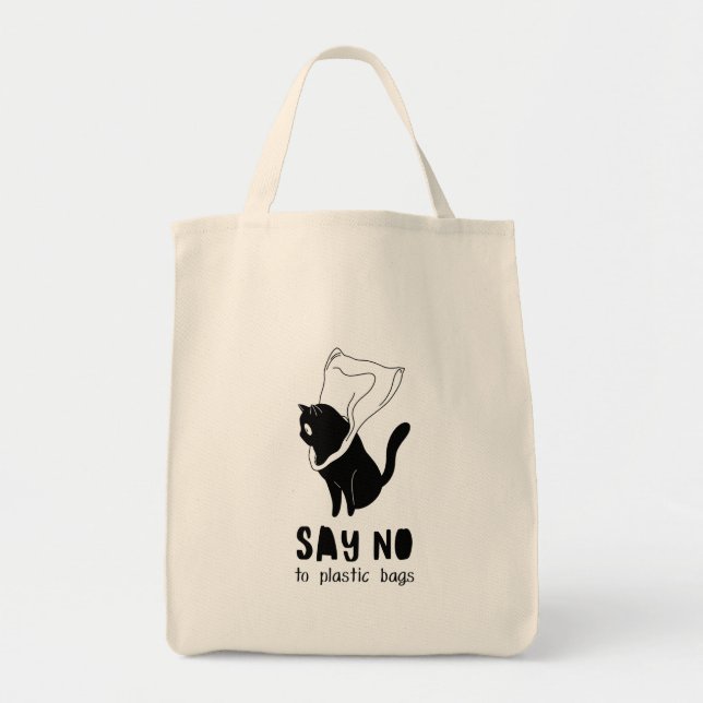 Black and White Funny “Say No to Plastic”  Tote Bag (Front)