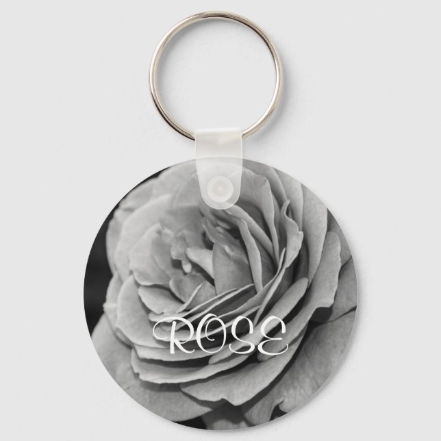 Black and White Garden Rose Name Keychain (Front)