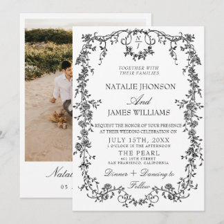 Black And White Garden Woodland Monogram Wedding Invitation