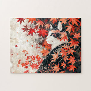 Black and White Geisha Cat Under Red Maple Leaves Jigsaw Puzzle