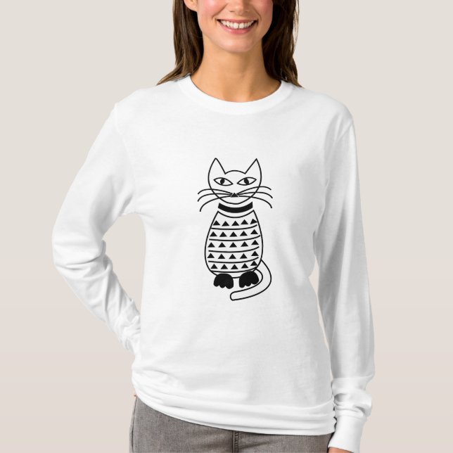 Black and White Geometric Cat T-Shirt (Front)