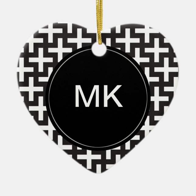 Black and White Geometric Ceramic Ornament (Front)