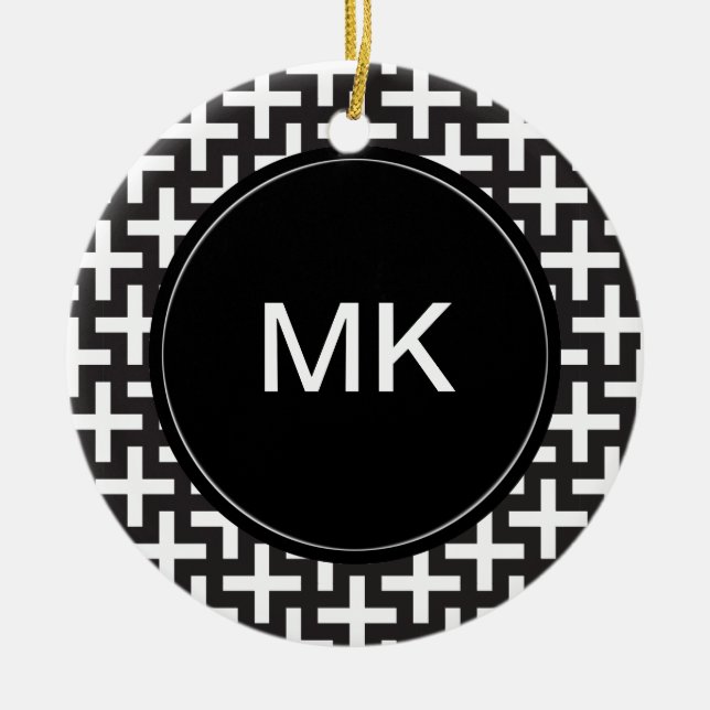 Black and White Geometric Ceramic Ornament (Front)