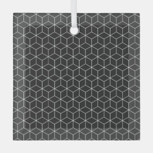 Black and White Geometric Cube Pattern Glass Ornament