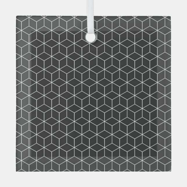  Black and White Geometric Cube Pattern Glass Ornament (Front)