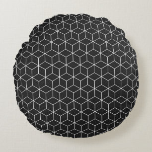  Black and White Geometric Cube Pattern Round Pillow