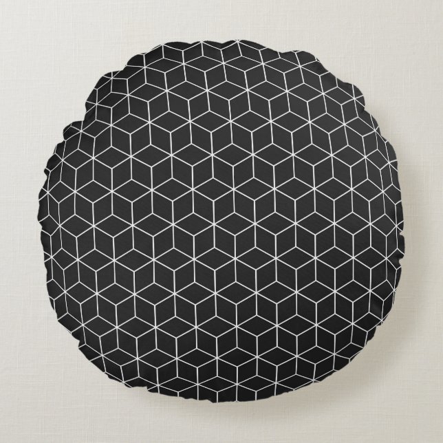  Black and White Geometric Cube Pattern Round Pillow (Front)