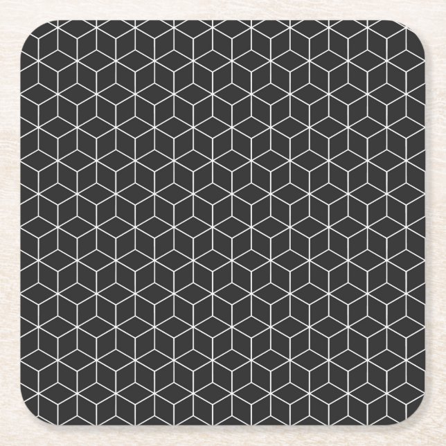  Black and White Geometric Cube Pattern Square Paper Coaster (Front)