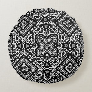 black and white geometric ethnic pattern ornament round pillow