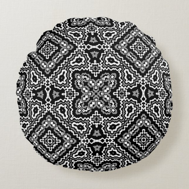  black and white geometric ethnic pattern ornament round pillow (Front)