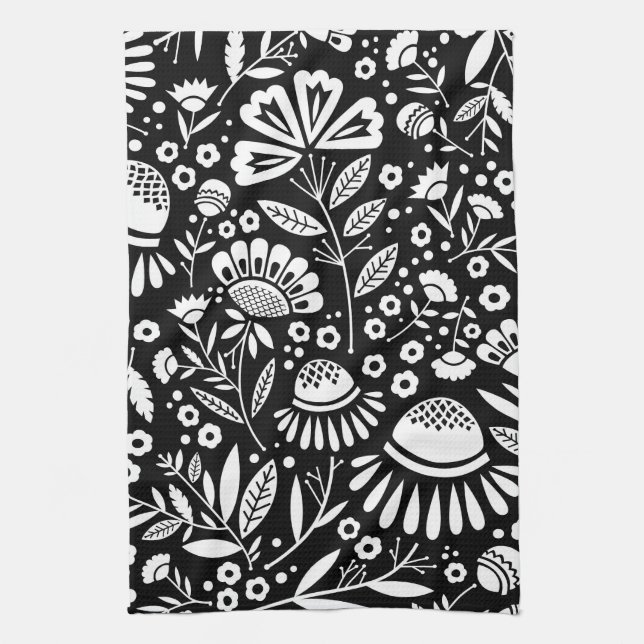 Black and White Geometric Floral Kitchen Towel (Vertical)
