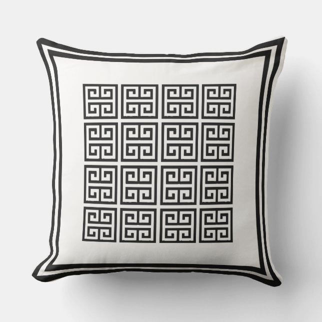 Black and white Geometric Greek key Pattern Outdoor Pillow (Front)
