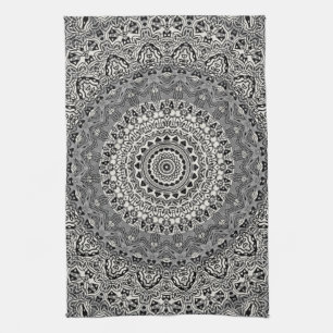 Black and White Geometric Mandala Pattern Kitchen Towel
