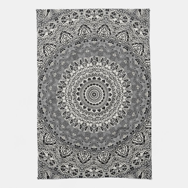 Black and White Geometric Mandala Pattern Kitchen Towel (Vertical)