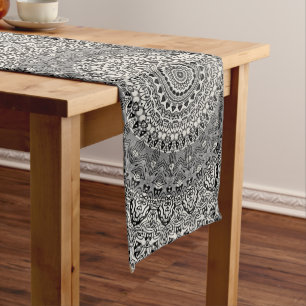 Black and White Geometric Mandala Pattern Long Table Runner