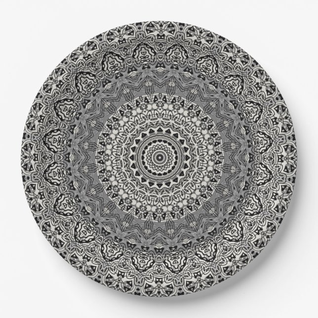 Black and White Geometric Mandala Pattern Paper Plate (Front)