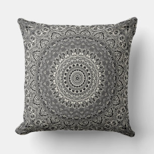 Black and White Geometric Mandala Pattern Throw Pillow