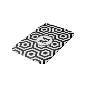 Black and White Geometric  Pattern Monogram Bath Mat
