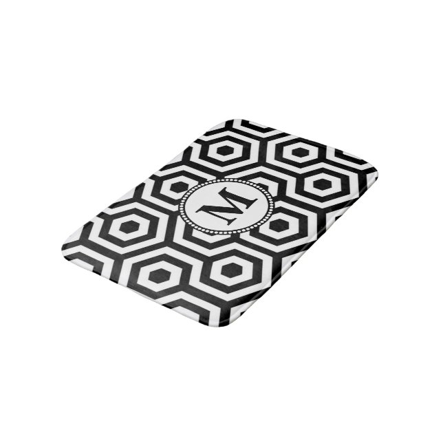 Black and White Geometric  Pattern Monogram Bath Mat (Angled)