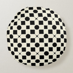 Black and White Geometric Pattern with Circles Round Pillow