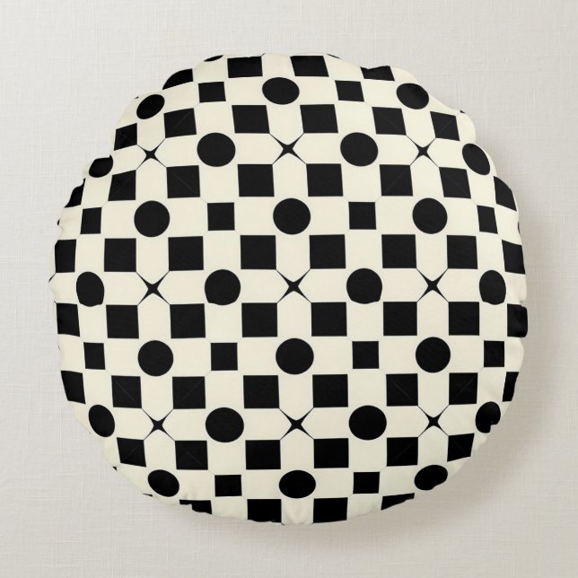 Black and White Geometric Pattern with Circles Round Pillow (Front)