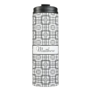 Black and White Geometric Squares Pattern Thermal Tumbler