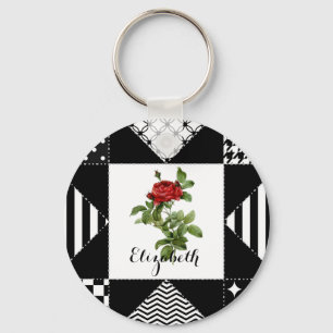 Black and White Geometric With Red Rose and Name Keychain