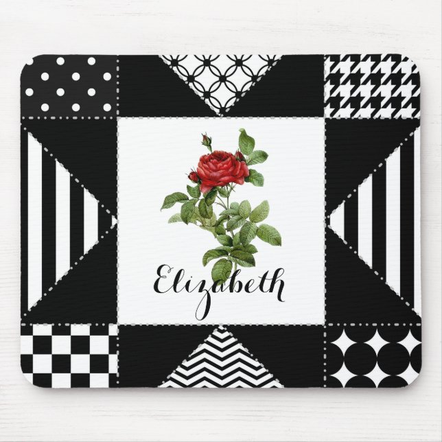 Black and White Geometric With Red Rose and Name Mouse Pad (Front)