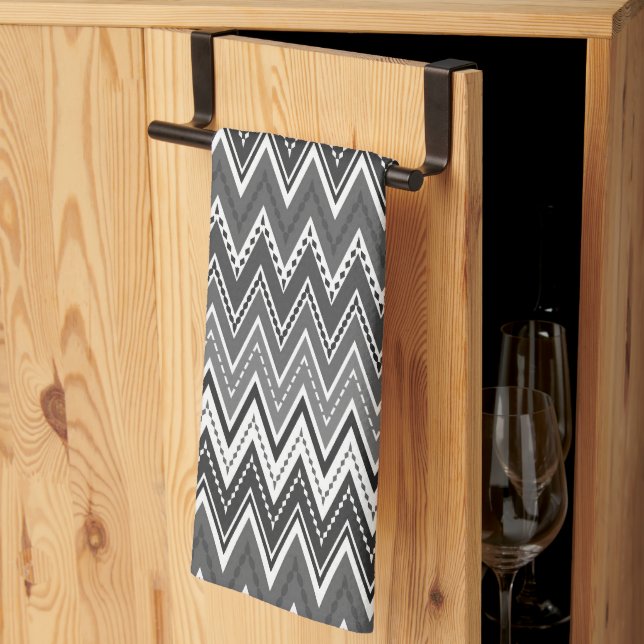 Black and white geometric zigzag pattern kitchen towel (Thirds Fold)