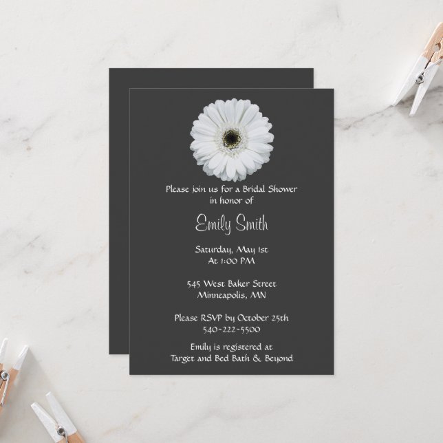 Black and White Gerbera Daisy Bridal Shower Invitation (Front/Back In Situ)