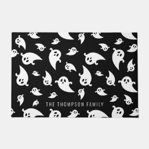 Black And White Ghost Pattern With Name Halloween Doormat