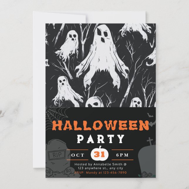 Black and White Ghosts Branches Halloween Invitation (Front)
