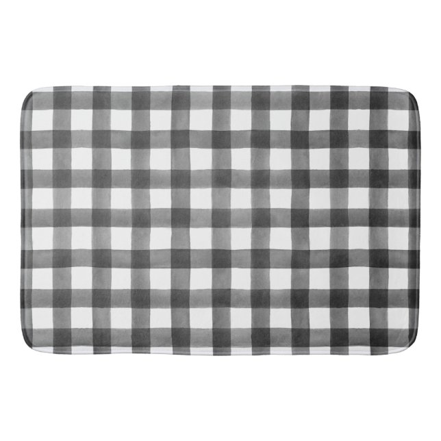 Black and White Gingham Buffalo Check Plaid Bath Mat (Front)