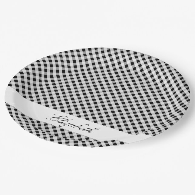 Black and White Gingham Check Plaid Pattern Paper Plate (Angled)