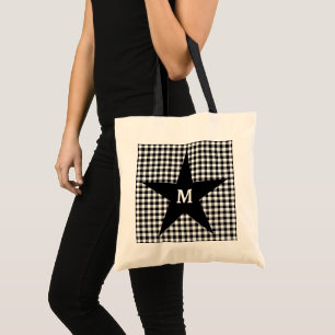 Black and White Gingham Customize Monogram Star Tote Bag