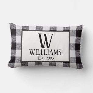 Black and white gingham Monogram Family Name Year Lumbar Pillow