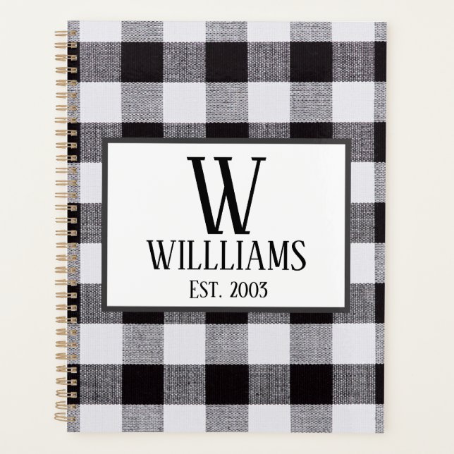 Black and white gingham Monogram Family Name Year  Planner (Front)