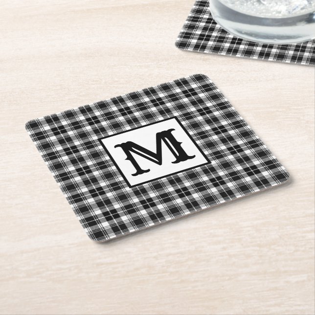 Black and white Gingham Monogram Square Paper Coaster (Angled)