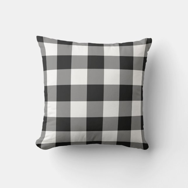 Black and White Gingham Pattern Chequered Outdoor Pillow (Front)
