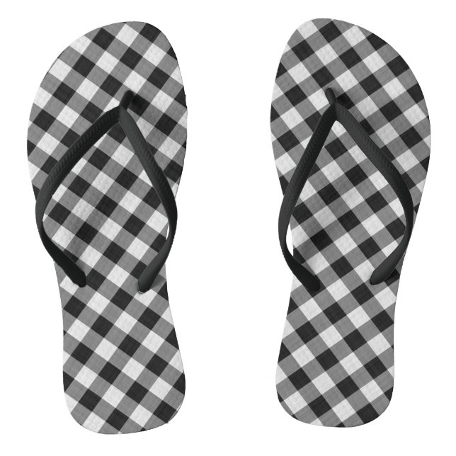 Black and White Gingham Plaid Checkered Pattern Flip Flops (Footbed)