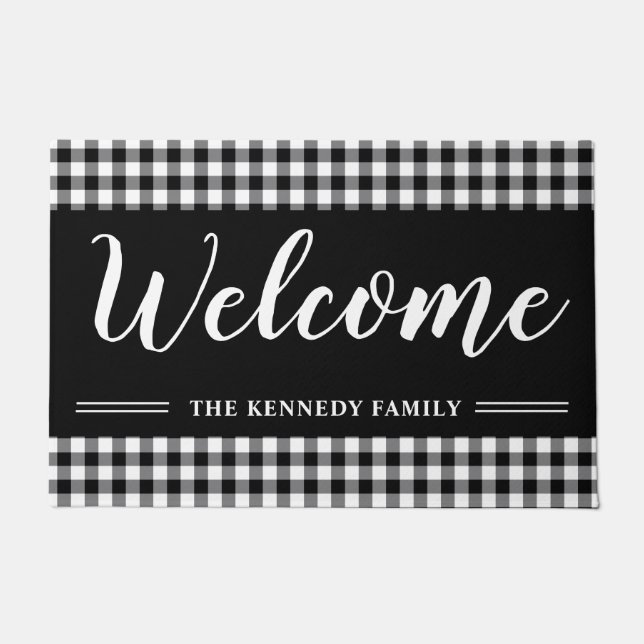 Black And White Gingham Plaid Farmhouse Welcome Doormat (Front)