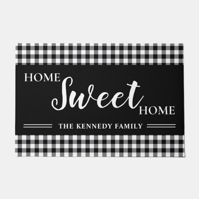 Black And White Gingham Plaid Home Sweet Home Doormat (Front)