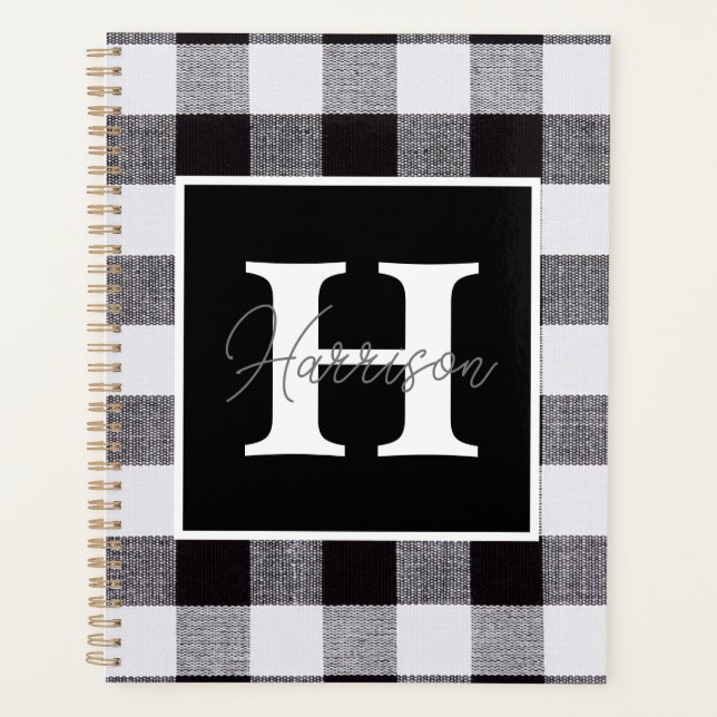 Black and White Gingham Plaid Monogram and Name  Planner (Front)