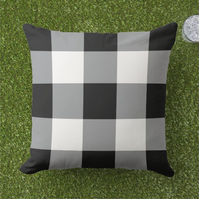 Black and White Gingham Plaid Pattern Outdoor Pillow (Grass)