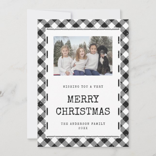 Black and White Gingham Plaid Photo Christmas Card (Front)