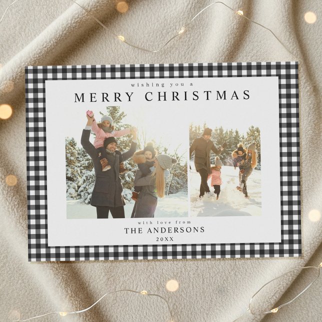 Black and White Gingham Plaid Two Photo Holiday Card (Creator Uploaded)
