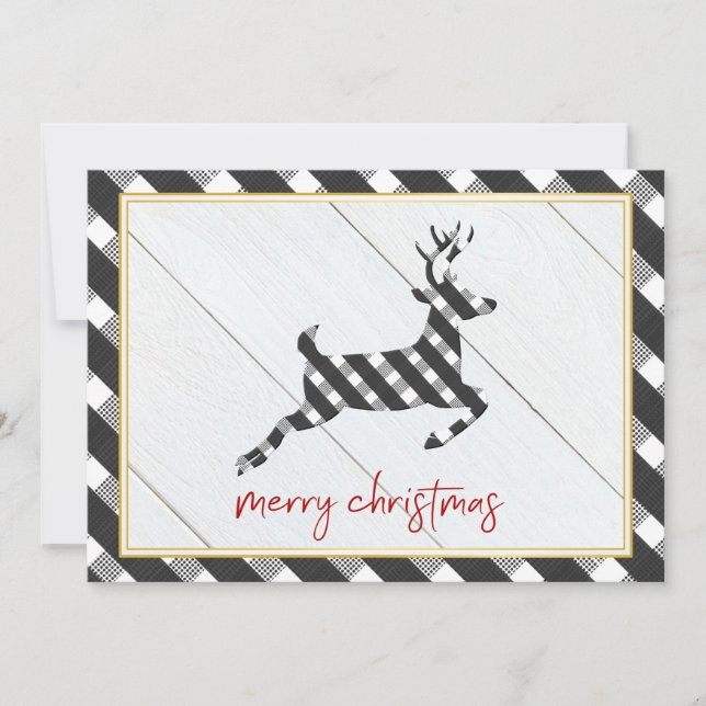 Black and White Gingham Reindeer Christmas Card (Front)