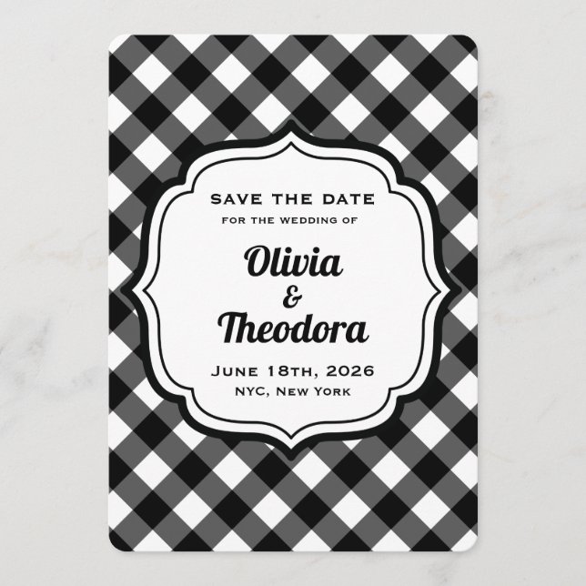 Black and White Gingham Save the Date Cards (Front)
