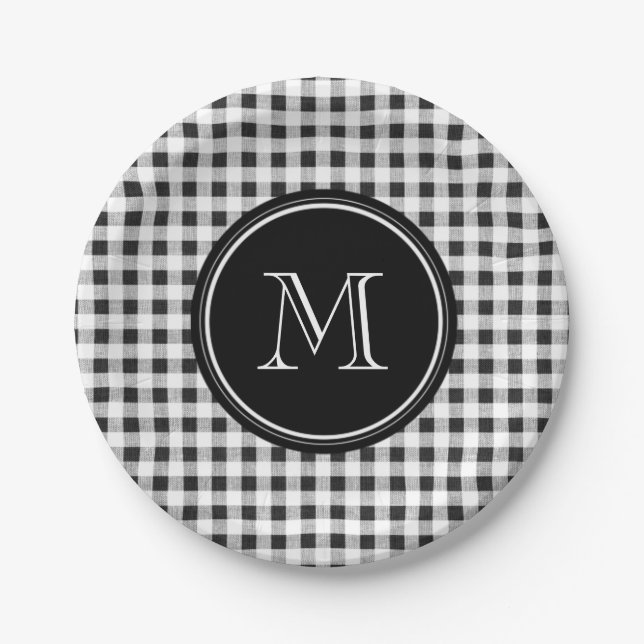 Black and White Gingham, Your Monogram Paper Plate (Front)