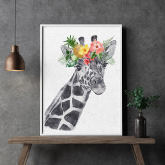 Black and White Giraffe in Flower Crown Animal Poster